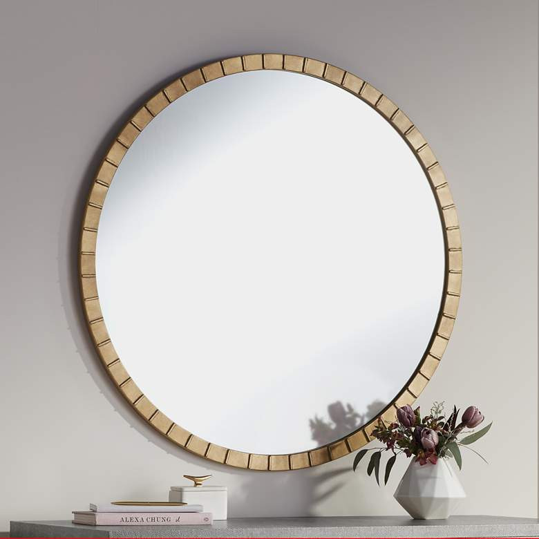 Gracia Gold Leaf Post 34" Round Metal Framed Wall Mirror - #87X74 | Lamps Plus | Lamps Plus