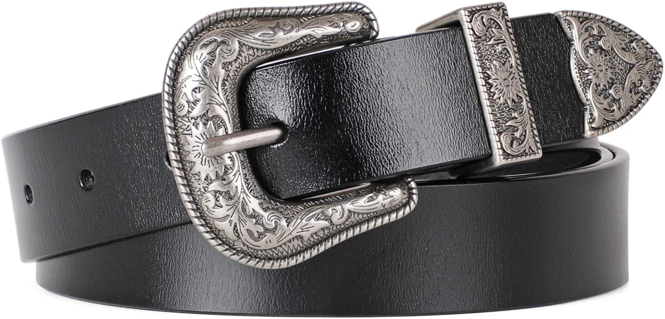 Women Leather Belts Ladies Vintage Western Design Black Waist Belt for Pants Jeans Dresses | Amazon (US)