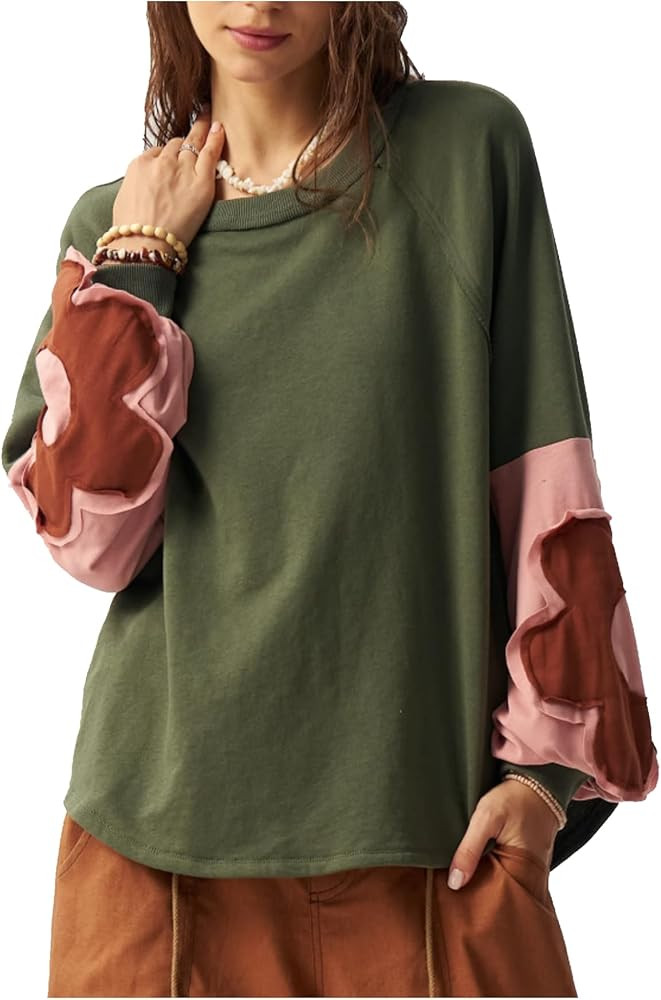 Women's Color Block Crew Neck Sweatshirt Floral Decor Long Sleeve Pullover Tops Boho Shirt | Amazon (US)