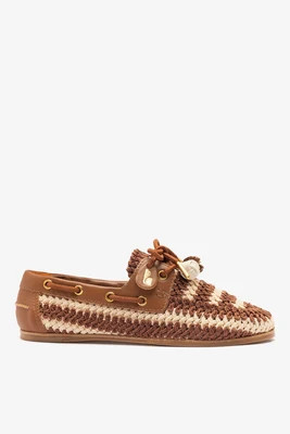 Cyprus Crochet Boat Shoe In Caramel and Ivory Crochet and Caramel Leather | Larroude