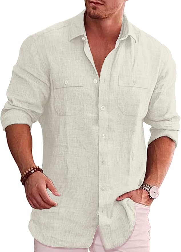 COOFANDY Men's Casual Button Down Shirt Long Sleeve Linen Chambray Shirt | Amazon (US)