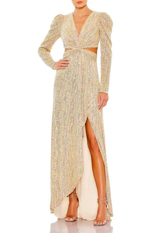 Mac Duggal Metallic Sequin Long Puff Sleeve Twist Cut Out Bodice Gown in Gold at Nordstrom, Size 0 | Nordstrom