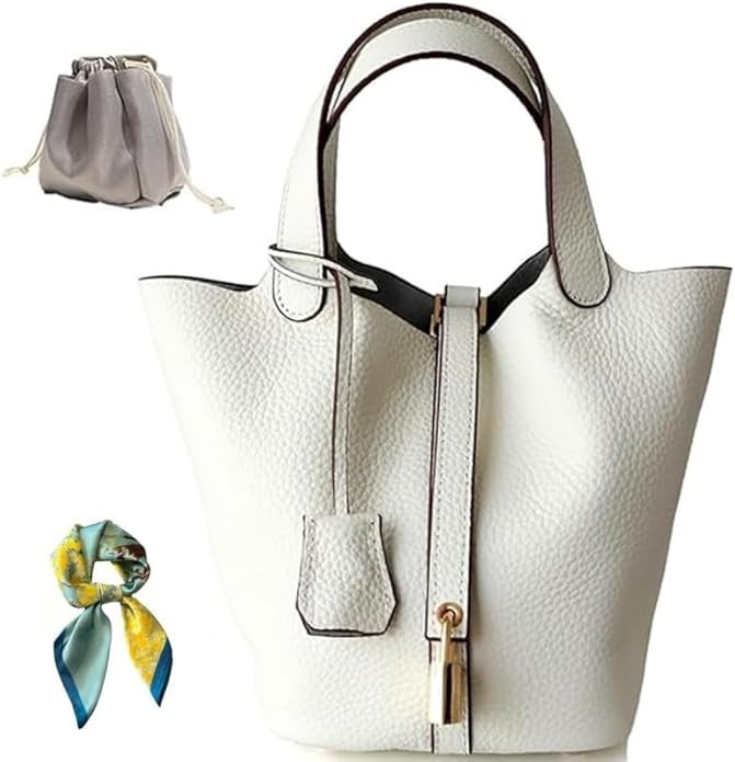 Genuine Leather Bucket Bag for Women: Lock Design Shoulder Handbag Versatile Top-Handle Tote Fash... | Amazon (US)