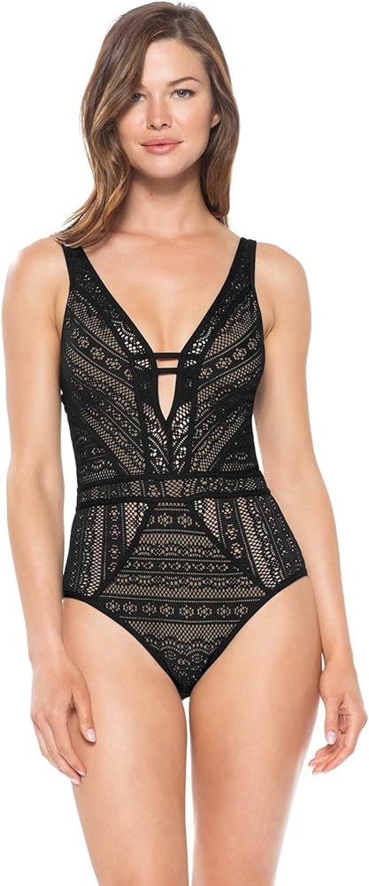 Becca by Rebecca Virtue Women's Sheer Crochet Plunge One Piece Swimsuit | Amazon (US)