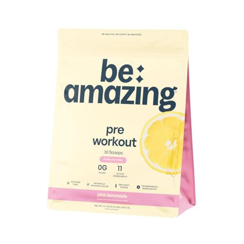 BE AMAZING Caffeine Free Pre Workout Powder, Vegan Supplement with Ashwagandha & Adaptogens for Night Workouts, Sugar Free Drink Mix for Men & Women, Gluten Free, Pink Lemonade, 30 Servings | Amazon (US)