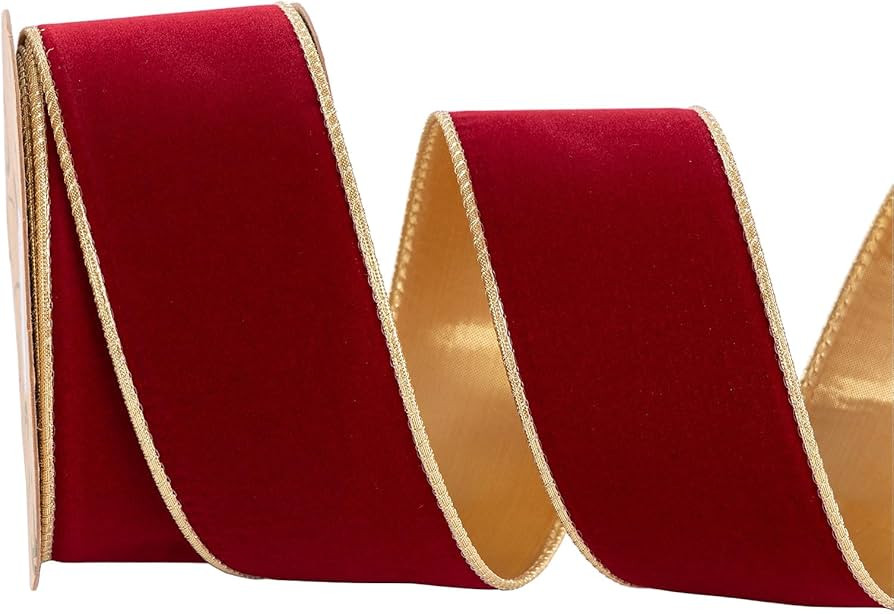 Dark Red Velvet Christmas Wired Ribbon 2.5 inch Wide*10Y Red and Gold Double Sided Velvet Ribbon ... | Amazon (US)