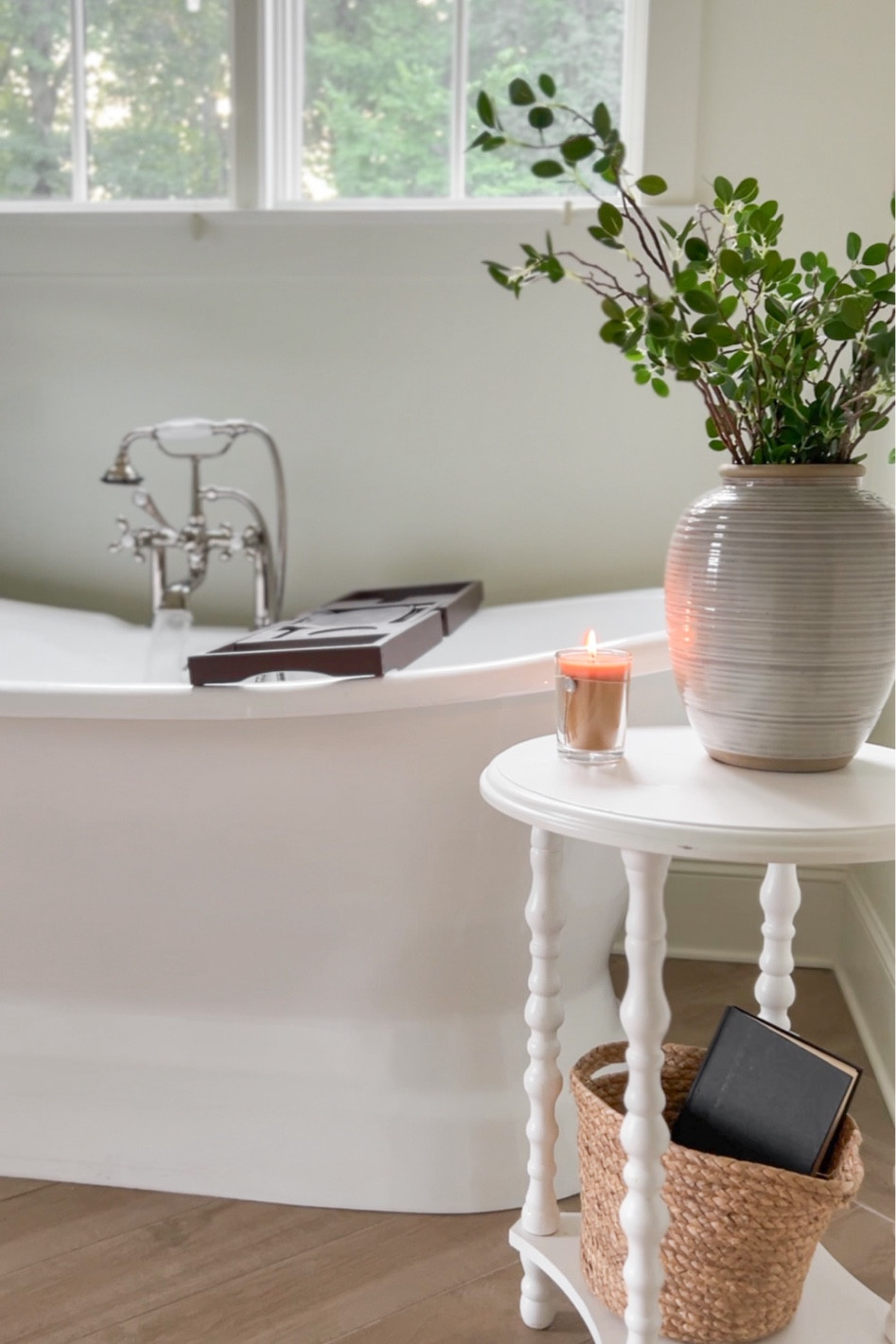Traditional master bath view. This double slipper cast iron pedestal tub came from Signature Hardware along with the telephone style deck mounted faucet, but I can’t link them through LTK, but I found a similar style tub at Walmart & Lowes, and similar faucet at Amazon! We chose polished nickel as our metal choice for plumbing fixtures in the primary bathroom. 

#LTKHome