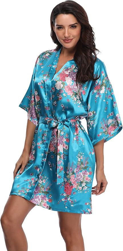 Women's Floral Bride Bridesmaids Robe Satin Wedding Kimono Bridal Dressing Gown Sleepwear | Amazon (US)