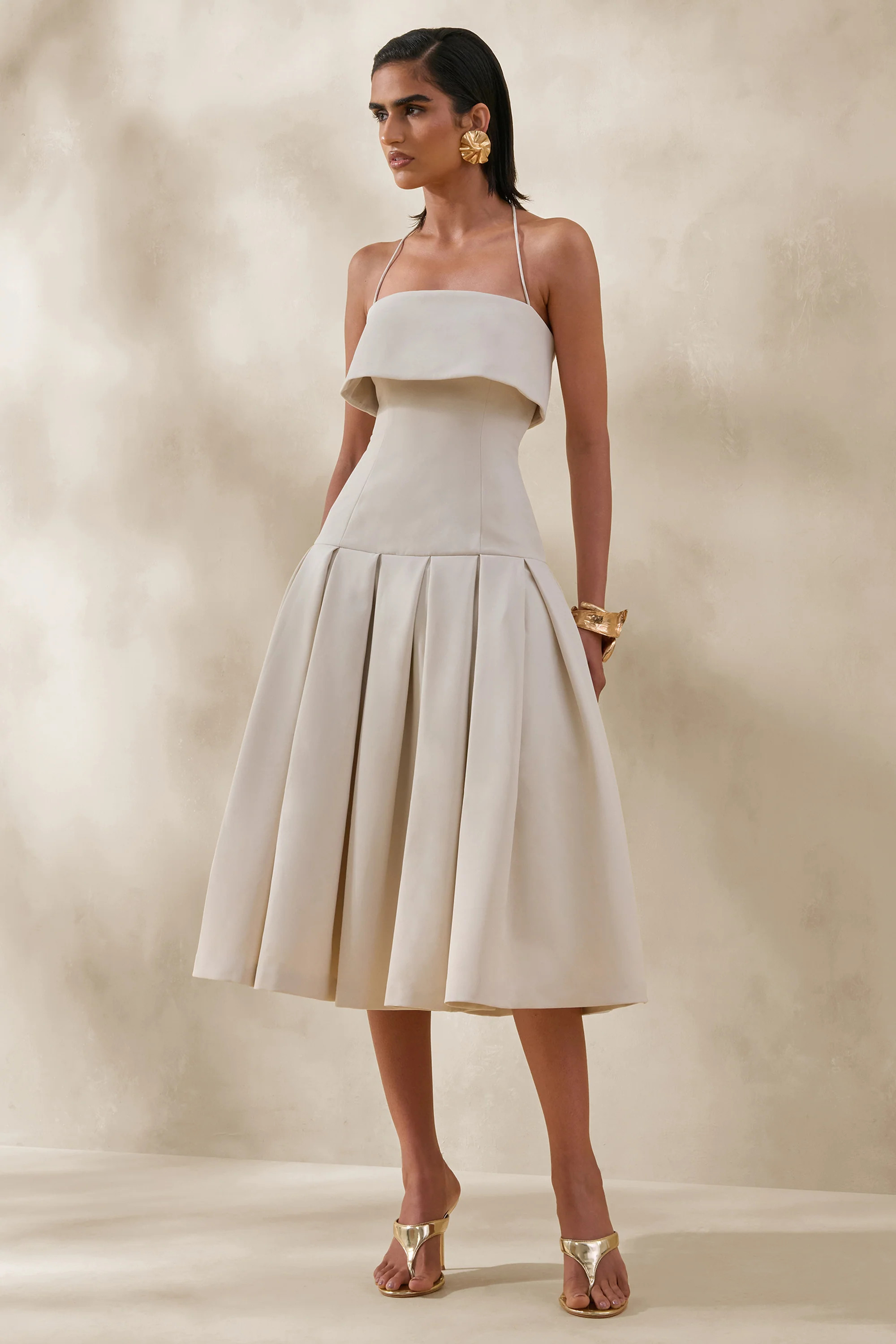 Dazira | Cream Square-Neck Midi Dress With Drop-Waist | Club L London