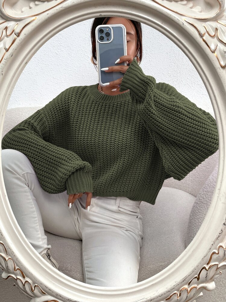 Zielony Solid Ribbed Knit Drop Shoulder Sweater,Long Sleeve Tops Knit Pullover Fall Winter Outfit | SHEIN