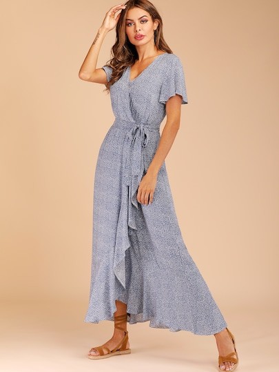 Ditsy Floral Belted Wrap Dress | SHEIN