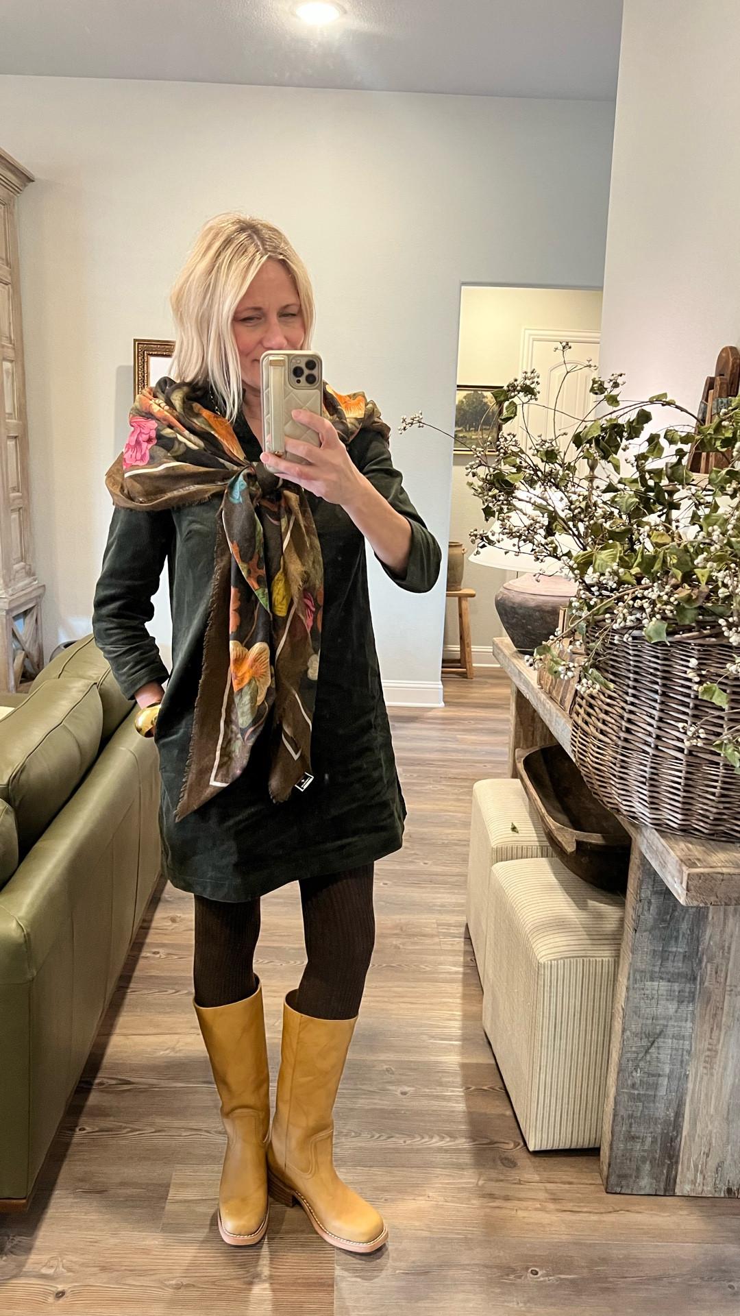 Tuckernuck corduroy dress  Tuckernuck scarf  that’s is so beautiful with all the right colors! Frye boots 🤍