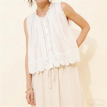 Women Cute Cutout Eyelet Tank Top Fairy Cottagecore Sleeveless Scallop Trim Pleated Peplum Camiso... | Amazon (US)
