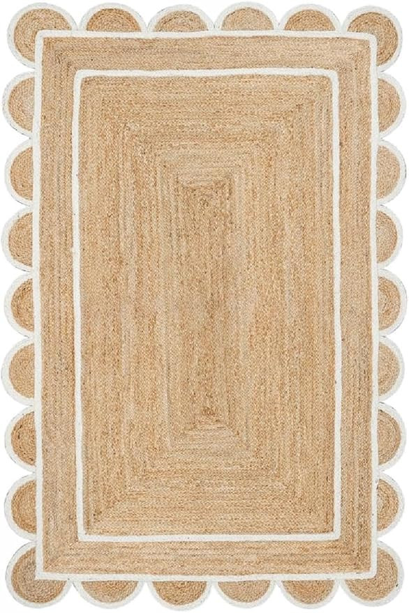 Shree Exports Hand Woven Farmhouse Jute Area Scalloped Rug Natural Base Off White Pattern Bohemia... | Amazon (US)
