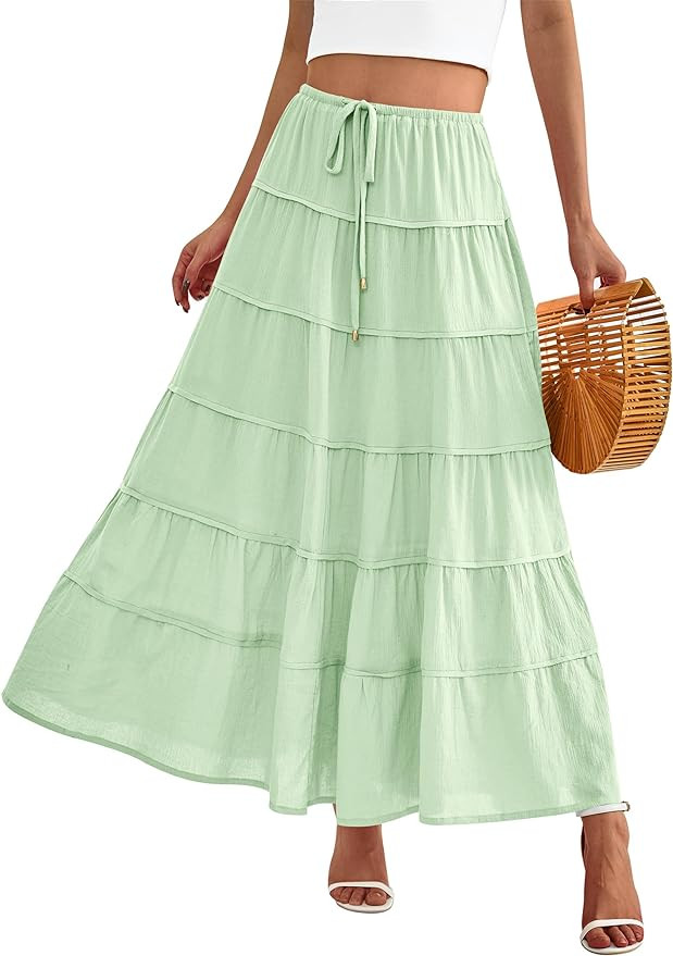MASCOMODA Summer Long Maxi Skirt for Women 2024 Causal Boho Flowy High Waisted Ruffle Tiered A-Li... | Amazon (US)