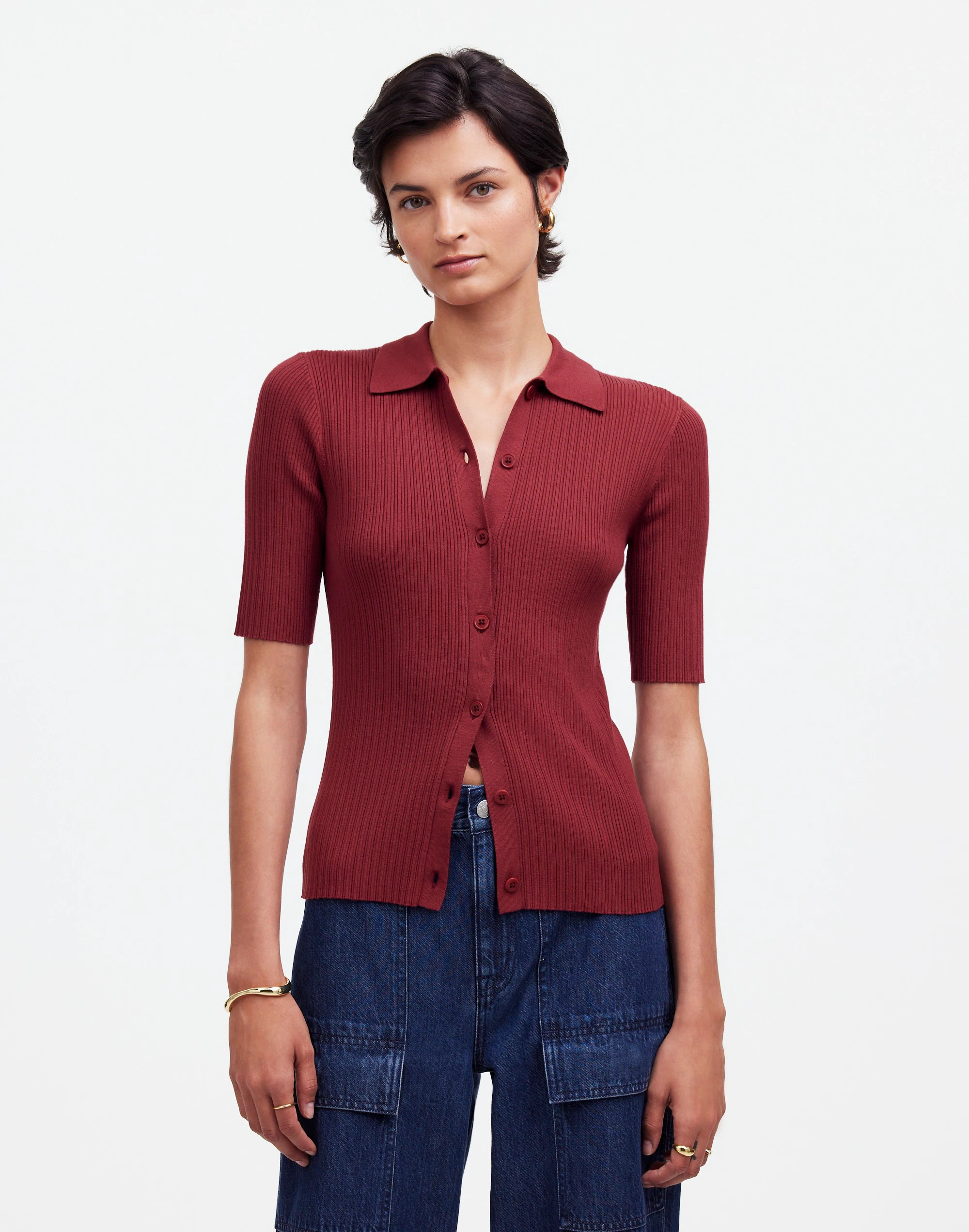 Drapey Rib Short-Sleeve Polo Top | Madewell | Madewell