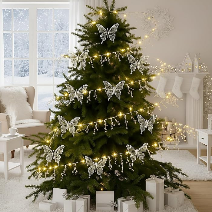 Soulchen 20 ft Christmas Tree Ice Wire Clear Garland with 12 Pcs Butterflies, Bead Acrylic String... | Amazon (US)