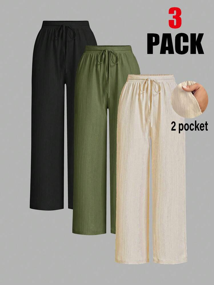 SHEIN Essnce Plus Size Women's Autumn New Fashion, Versatile, Casual Commuting Business Work And Cost-Effective Multi-Pack 3-Piece Elastic Waistband Pockets Green, Black, Apricot Leg Pants Trousers Women Joggers Pants | SHEIN
