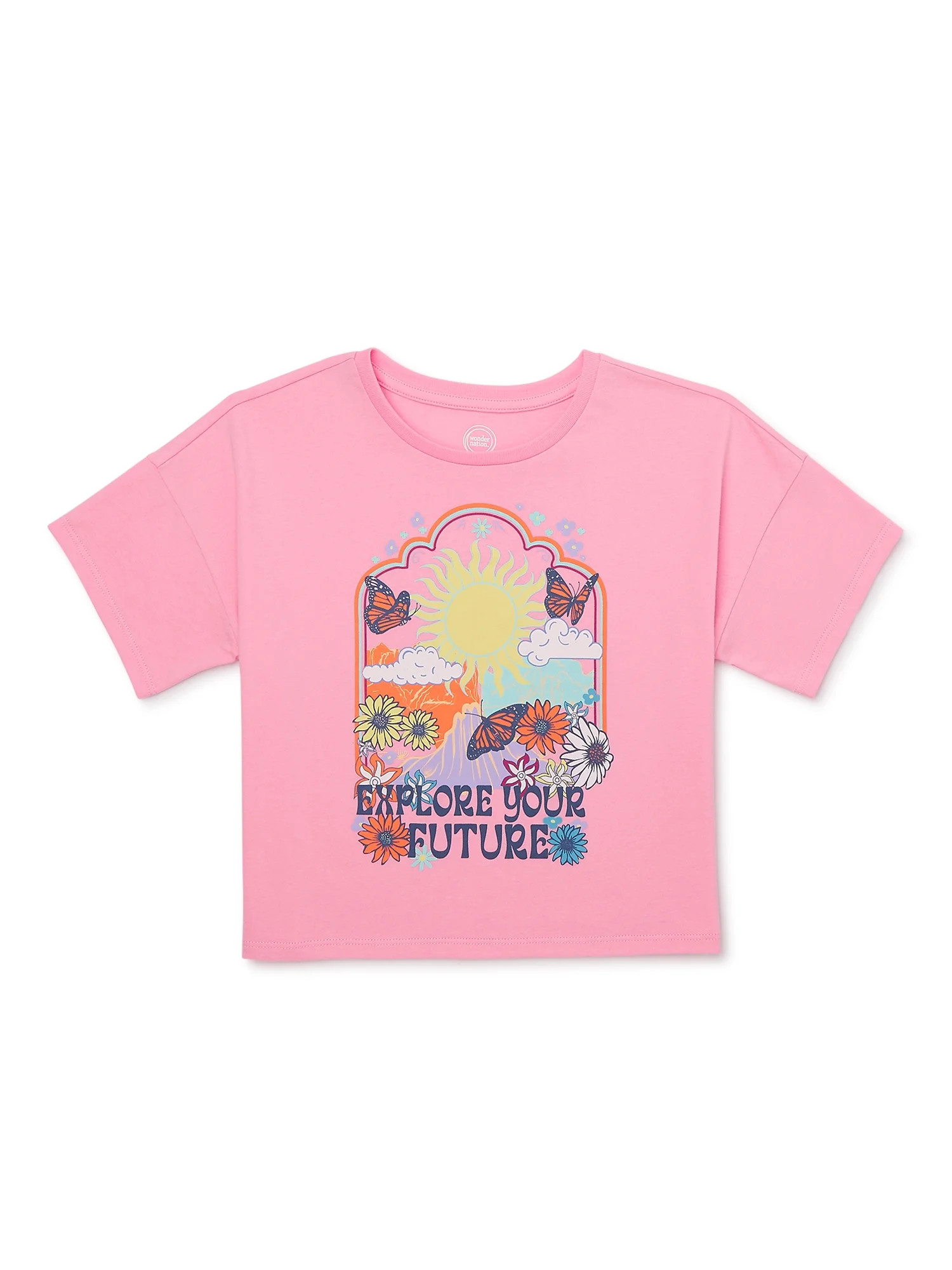 Wonder Nation Girls Cropped, Short Sleeve, Graphic T-Shirt, Sizes 4-18 | Walmart (US)