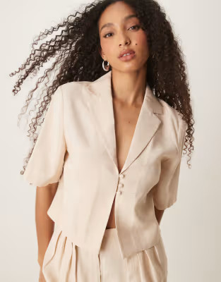 ASOS DESIGN short sleeve tie front cropped shirt co-ord in off white | ASOS (Global)