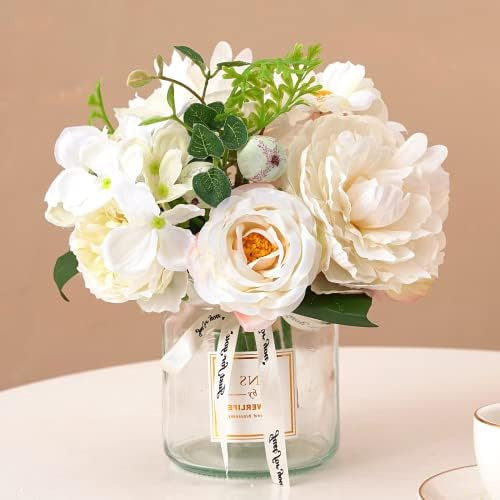 ASTRYAS Artificial Flowers in Vase, Fake Peony in Vase, White Faux Flowers Arrangement with Vase ... | Amazon (US)