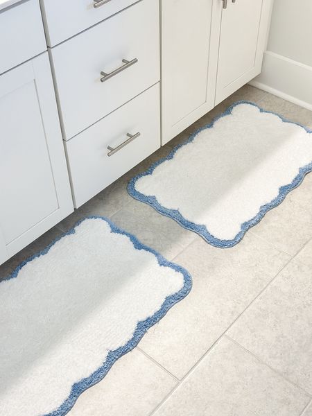Best selling scallop bath mats from Amazon! I have washed these several times & they still look great (super soft too!) 

Amazon home, found it on Amazon, look for less, designer look, blue and white, Grandmillennial, coastal Grandmillennial, coastal grandmother 