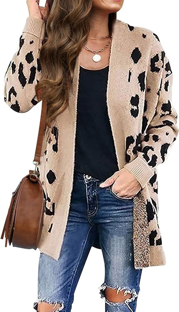 ZESICA Women's Long Sleeves Open Front Leopard Print Knitted Sweater Cardigan Coat Outwear | Amazon (US)