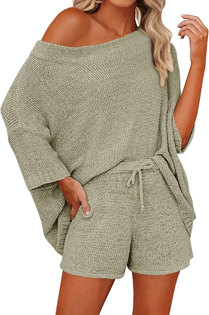 Mafulus Women's 2 Piece Outfits Sweater Sets Off Shoulder Knit Top Shorts Matching Suits Cute Paj... | Amazon (US)