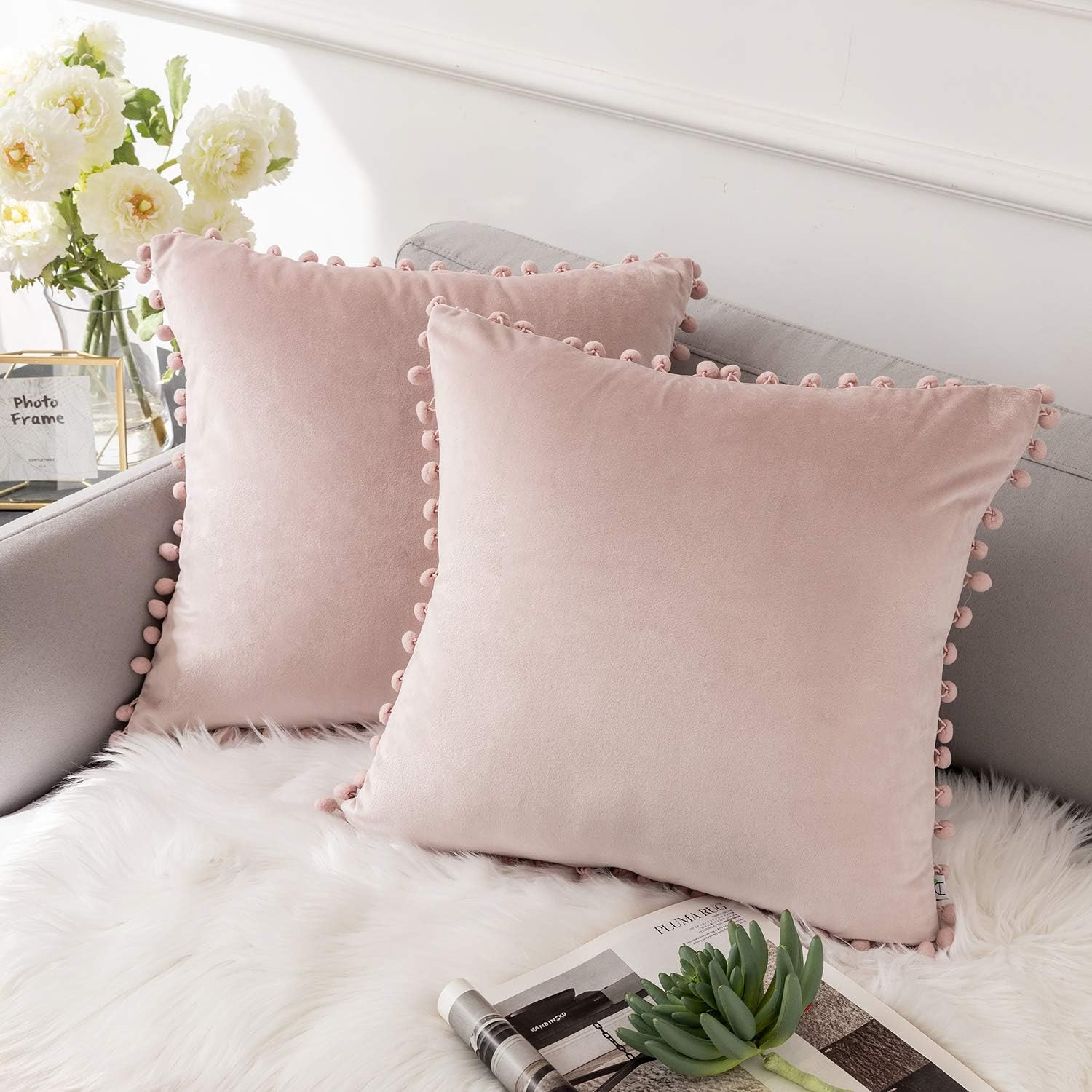 Ashler HOME DECO Throw Pillow Covers with Pom Poms Soft Particles Velvet Solid Cushion Covers 18 ... | Amazon (US)
