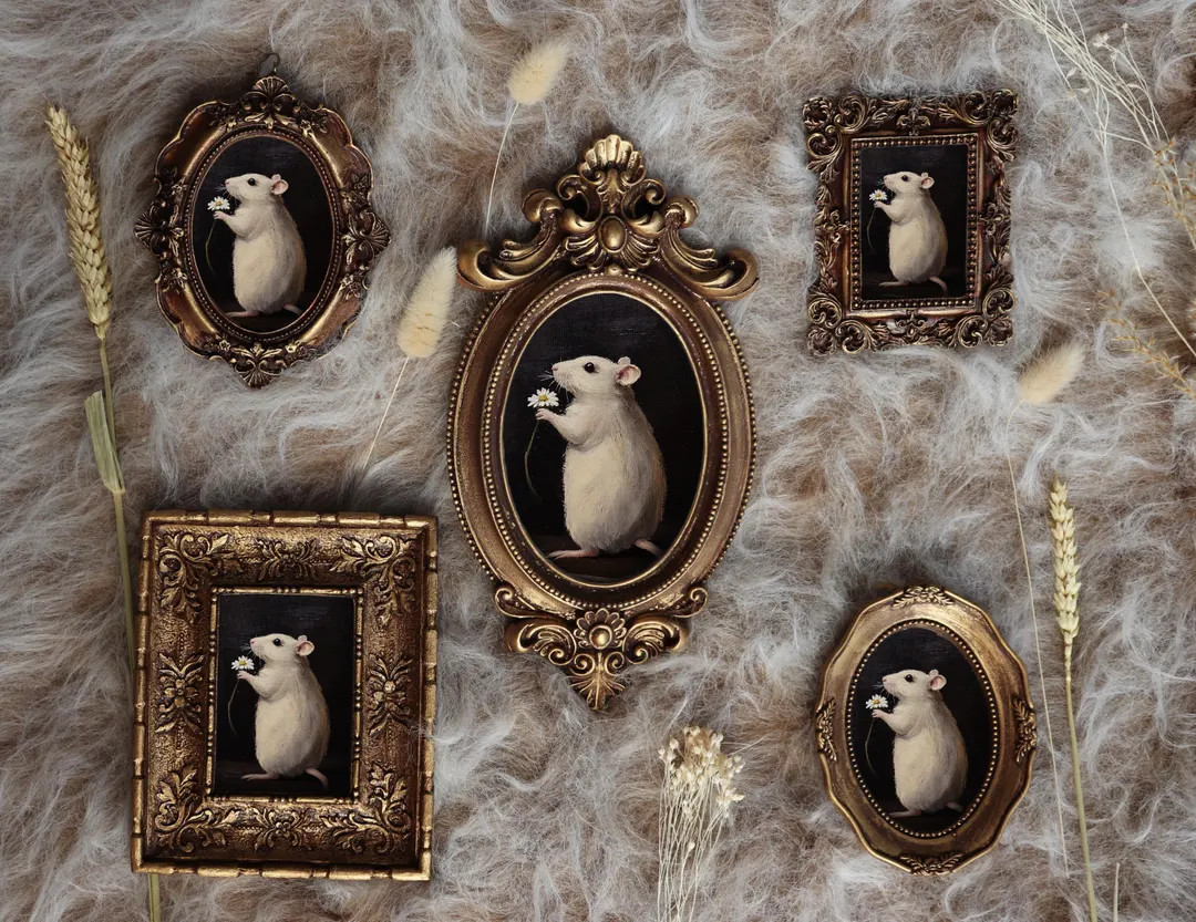 White Mouse With Flower in Ornate Vintage Frame Dark Cottagecore Miniature Painting Illustration ... | Etsy (US)