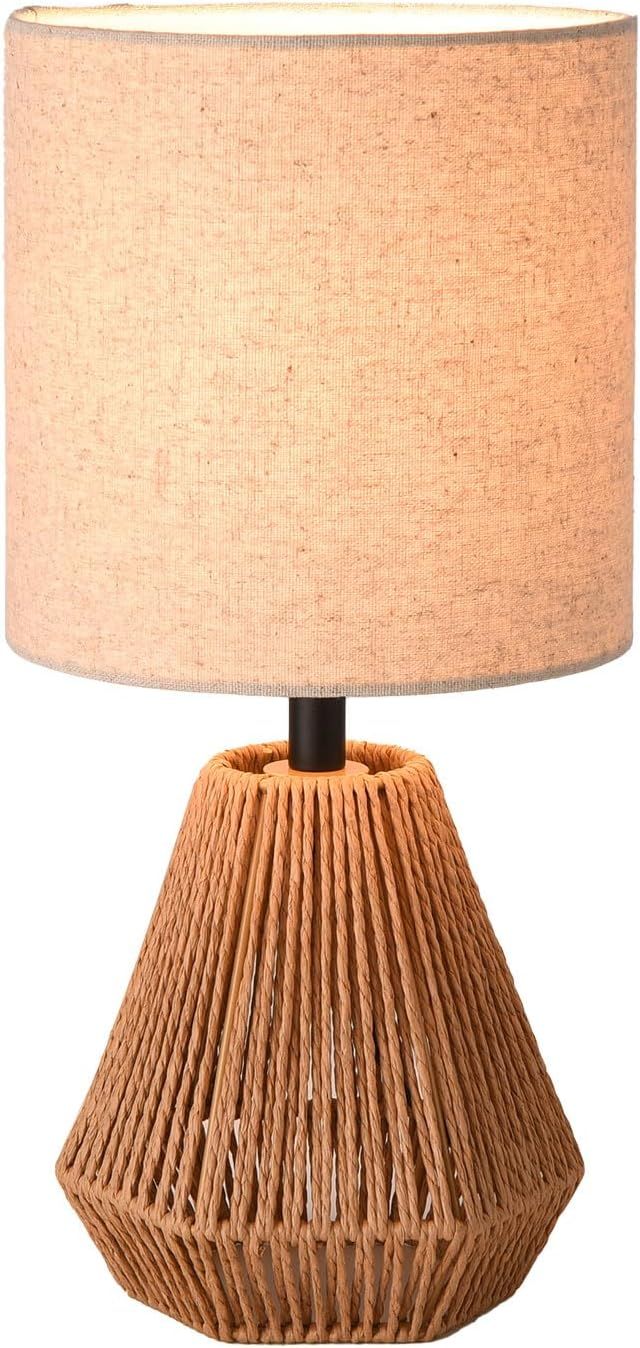 KUNJOULAM Rattan Table Lamp, Small Nightstand Lamp with Linen Fabric Lampshade, Desk Lamp for Liv... | Amazon (US)