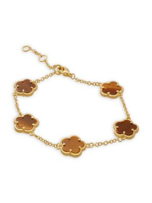 JanKuo Flower 14K Goldplated &amp; Tiger Eye Stone Clover Station Bracelet on SALE | Saks OFF 5TH | Saks Fifth Avenue OFF 5TH