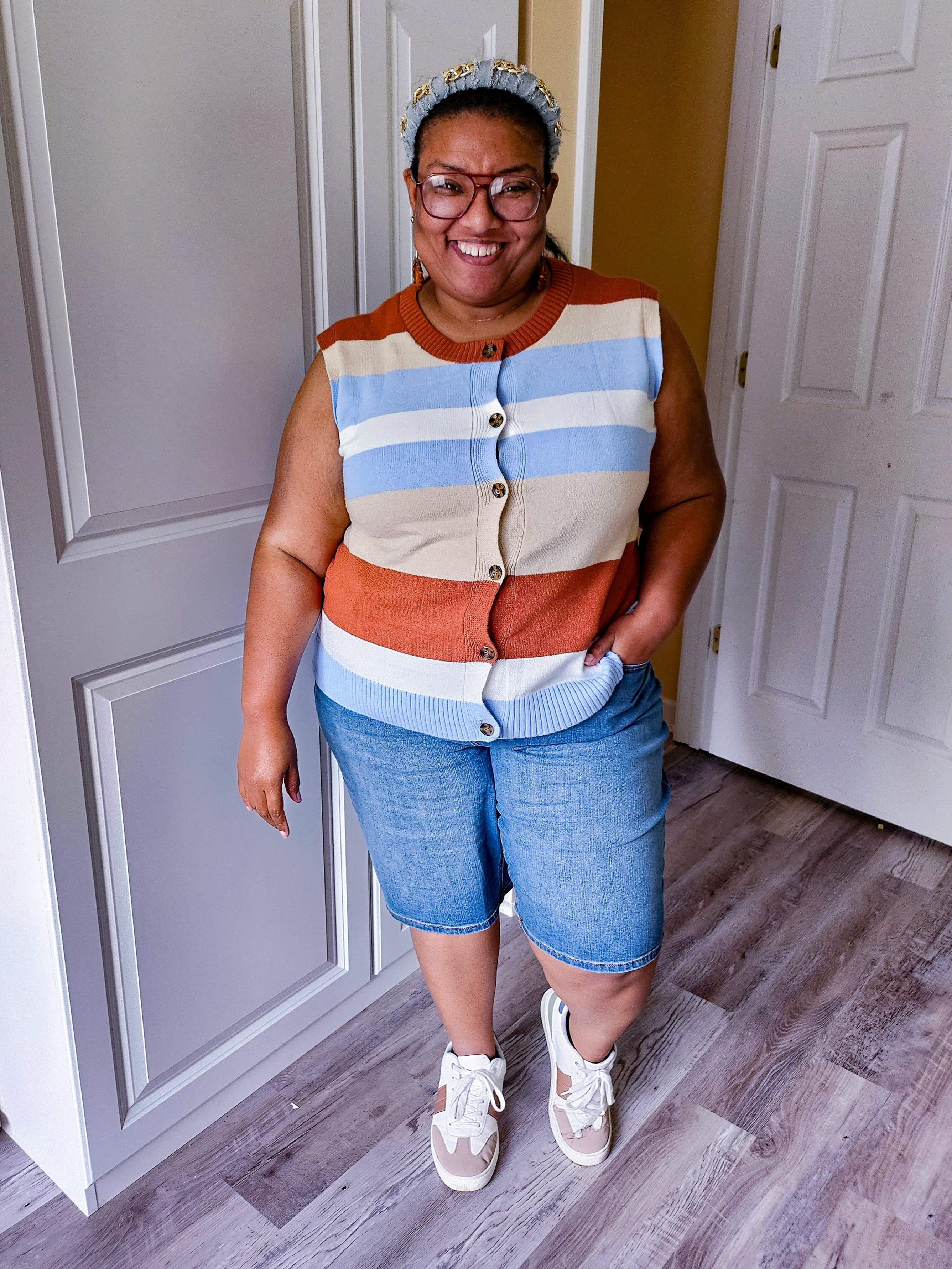 Striped Sleeveless Button Up Sweater Vest & Denim Bermuda Short

#LTKootd #LTKPlusSize