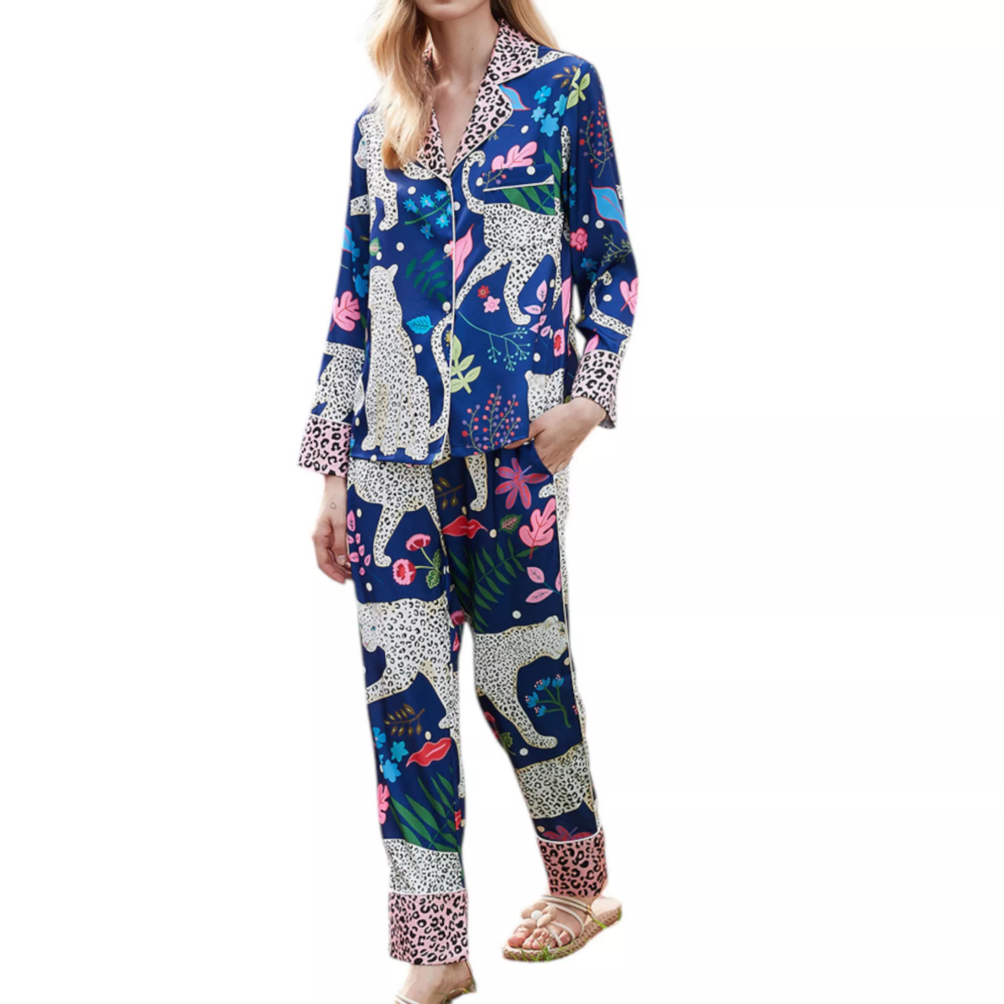 Women's Satin Leopard and Botanical Print Pajama Set with Long Sleeve Shirt and Relaxed Fit Pants | Kohl's