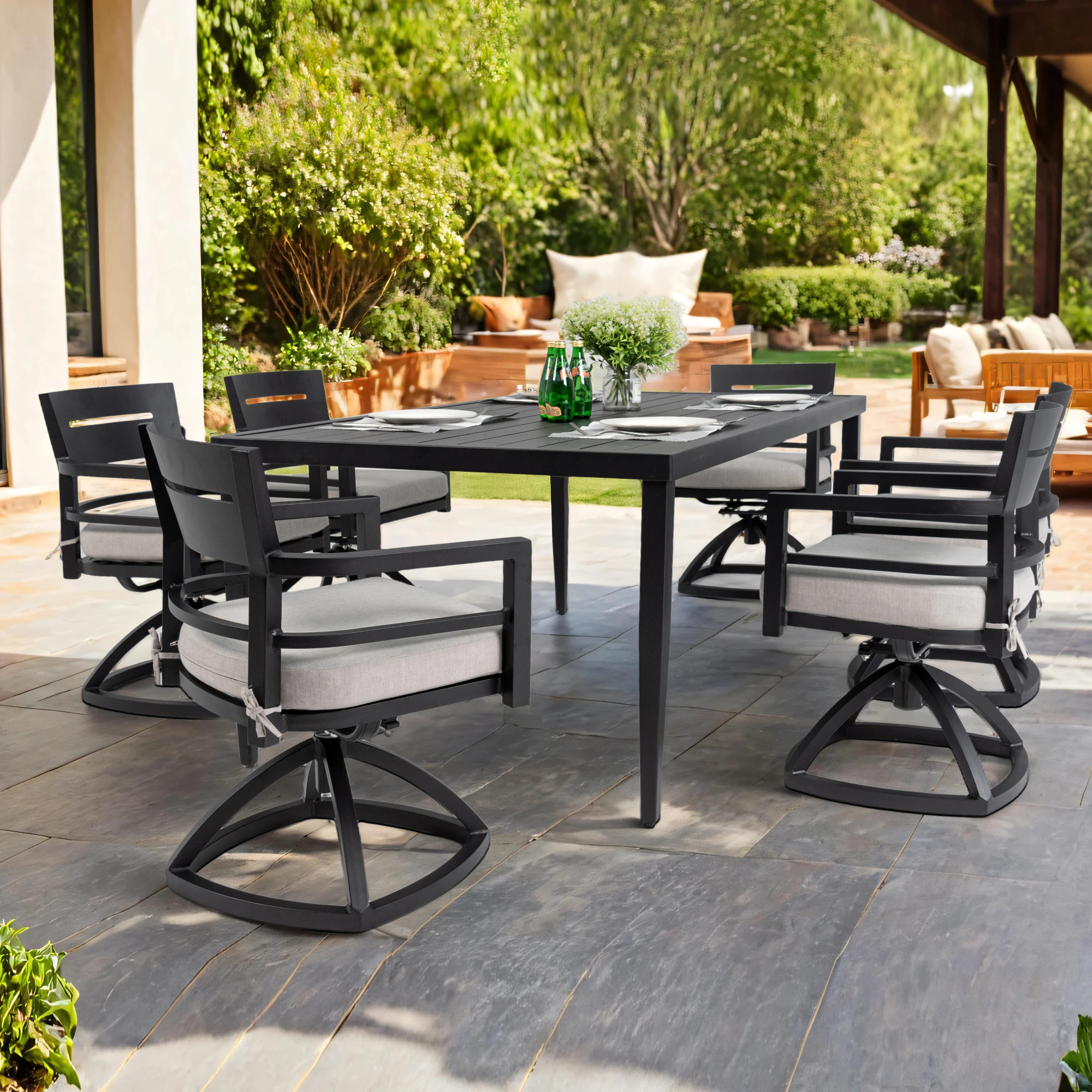LOVMOR 7 Piece Set Patio Dining Set Outdoor Dining Set Ember Black with Aluminum Rectangular Table and 6 Ember Black Swivel Rocker Chairs Sunbrella | Lowe's