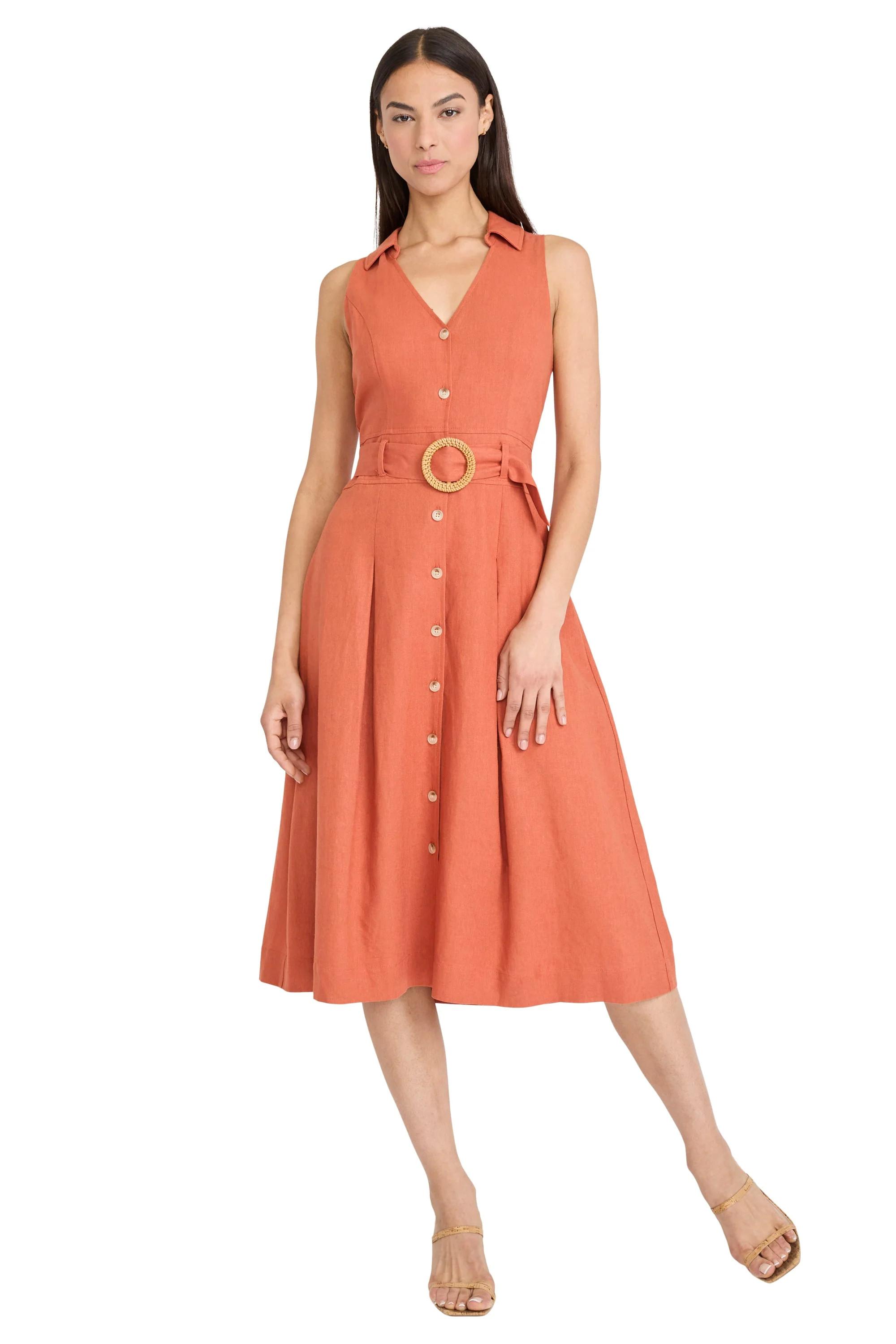 Devin Linen Collared V-Neck Midi A-Line Sleeveless | Maggy London | Maggy London