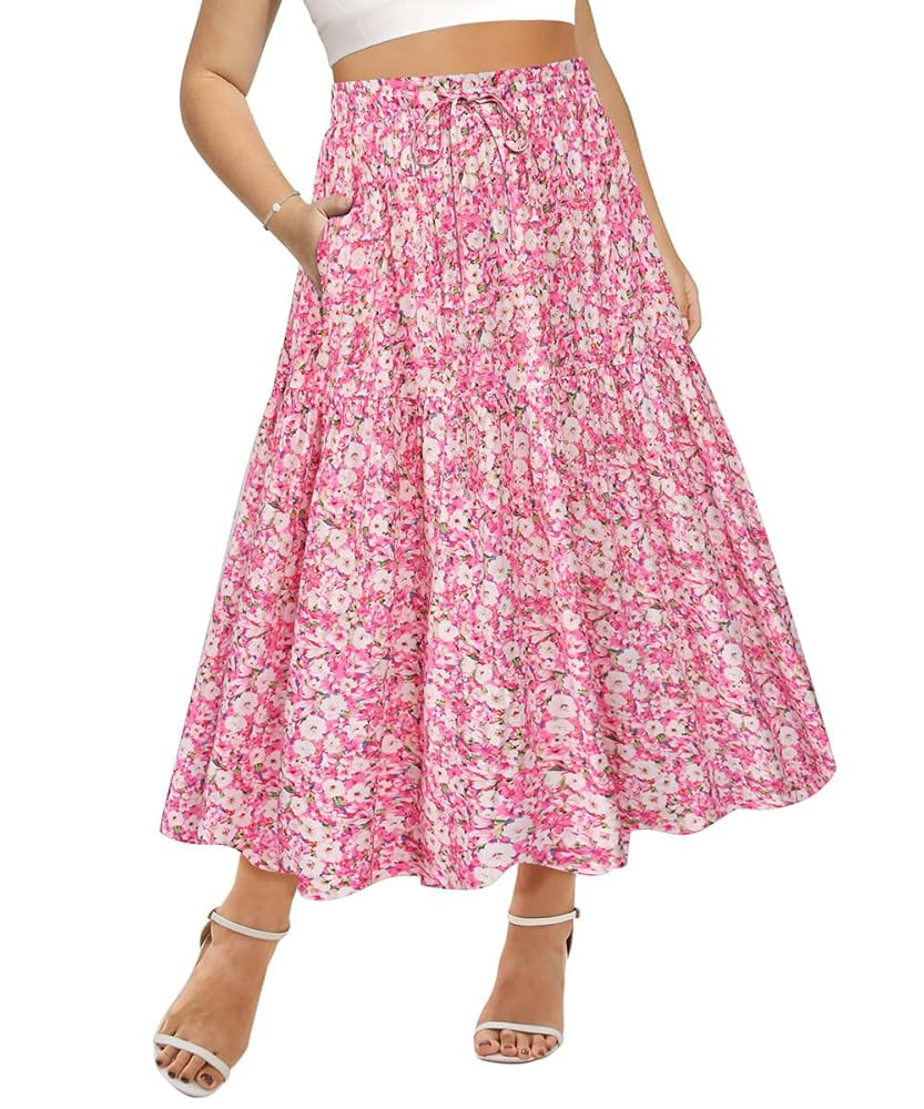 CARCOS Plus Size Skirts for Curvy Women Elastic High Waist Boho Maxi Skirt Pleated A-Line Tiered ... | Amazon (US)