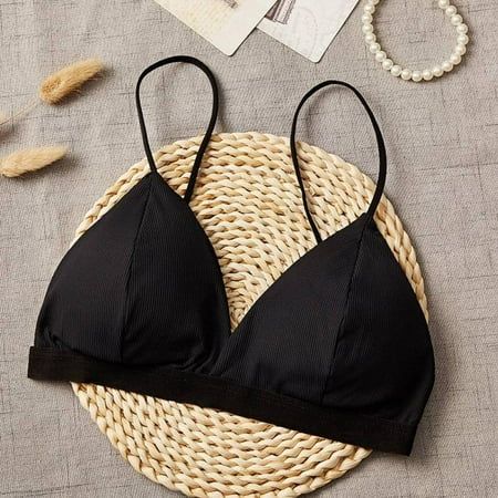 Black Bikini Triangle Cup Thread Thin Shoulder Strap Beauty Back Bra Top Sexy Everyday Basic Deep V- | Walmart (US)