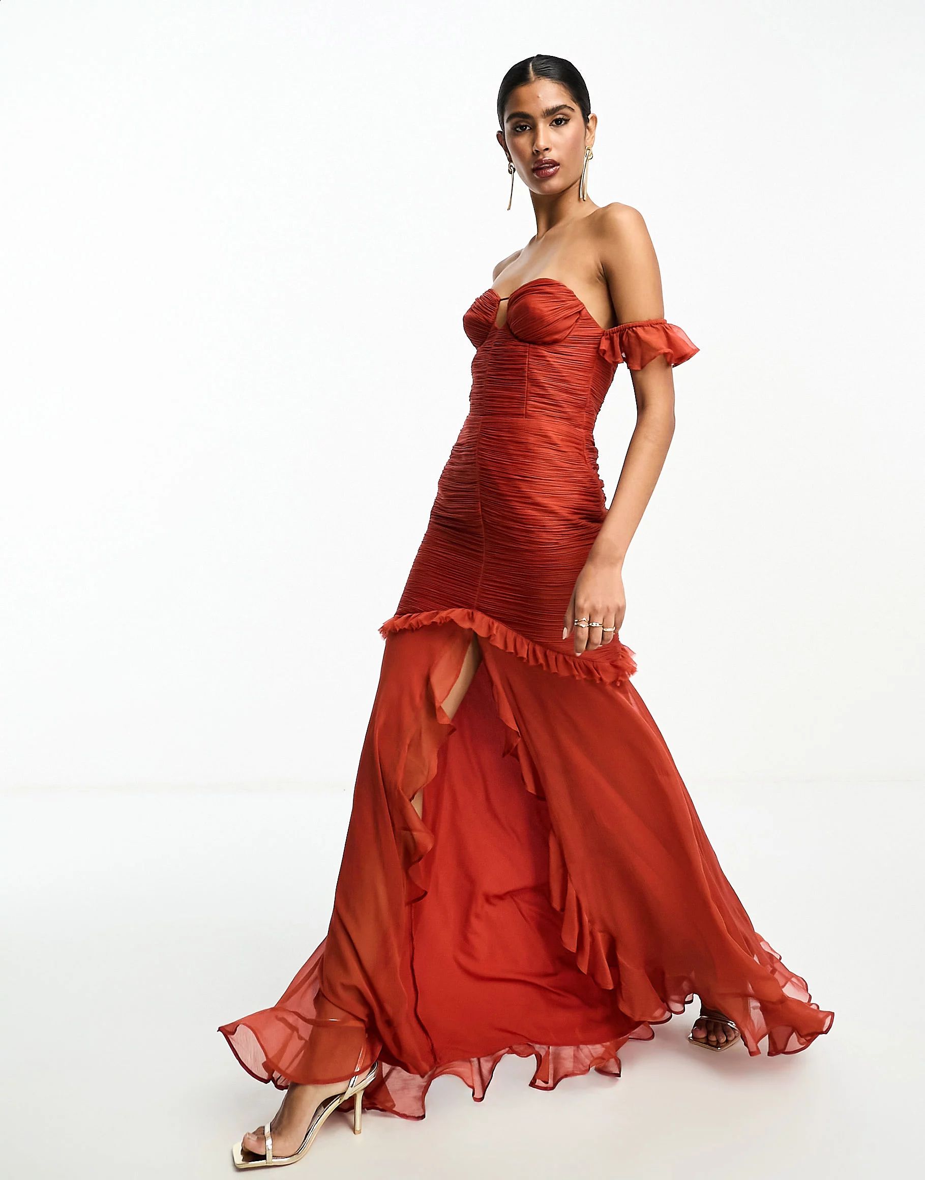 ASOS DESIGN bardot ruched detail high-low maxi dress in rust | ASOS (Global)
