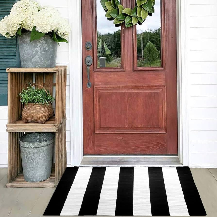 KOZYFLY Black and White Striped Rug Doormat 23.5' x 35.4' Cotton Woven Washable Black Indoor Outd... | Amazon (US)