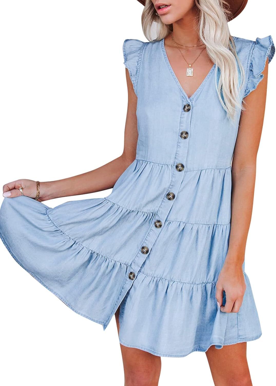 Blooming Jelly Women's Babydoll Dress Denim Dress V Neck Ruffle Sleeveless Button Down Cute Flowy... | Amazon (US)