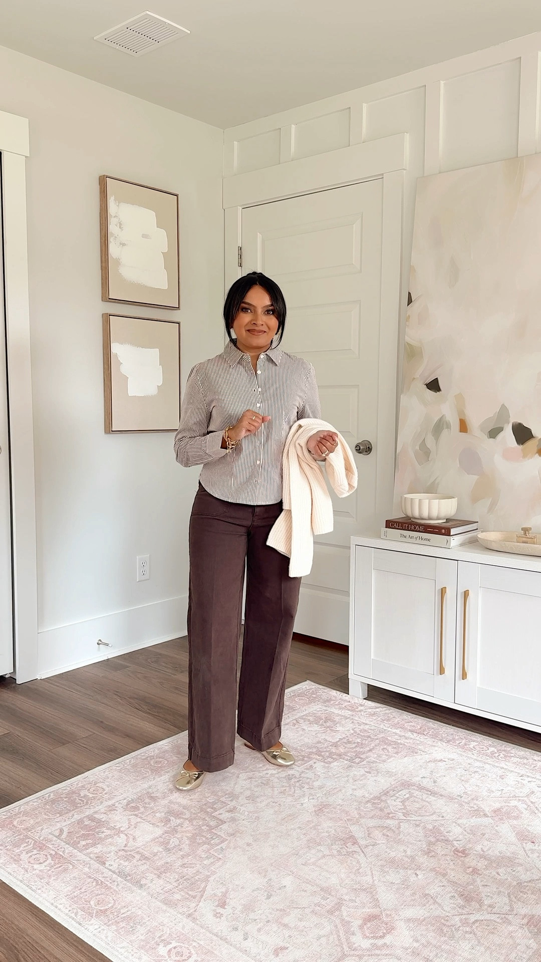 Teacher & Office Casual Outfits 
Brown stripe button down size xs petite TTS
Ivory sweater size xs TTS
Brown pants size 25 - sized down one size 
Gold flats - old, similar linked


#LTKSaleAlert #LTKPetite #LTKWorkwear