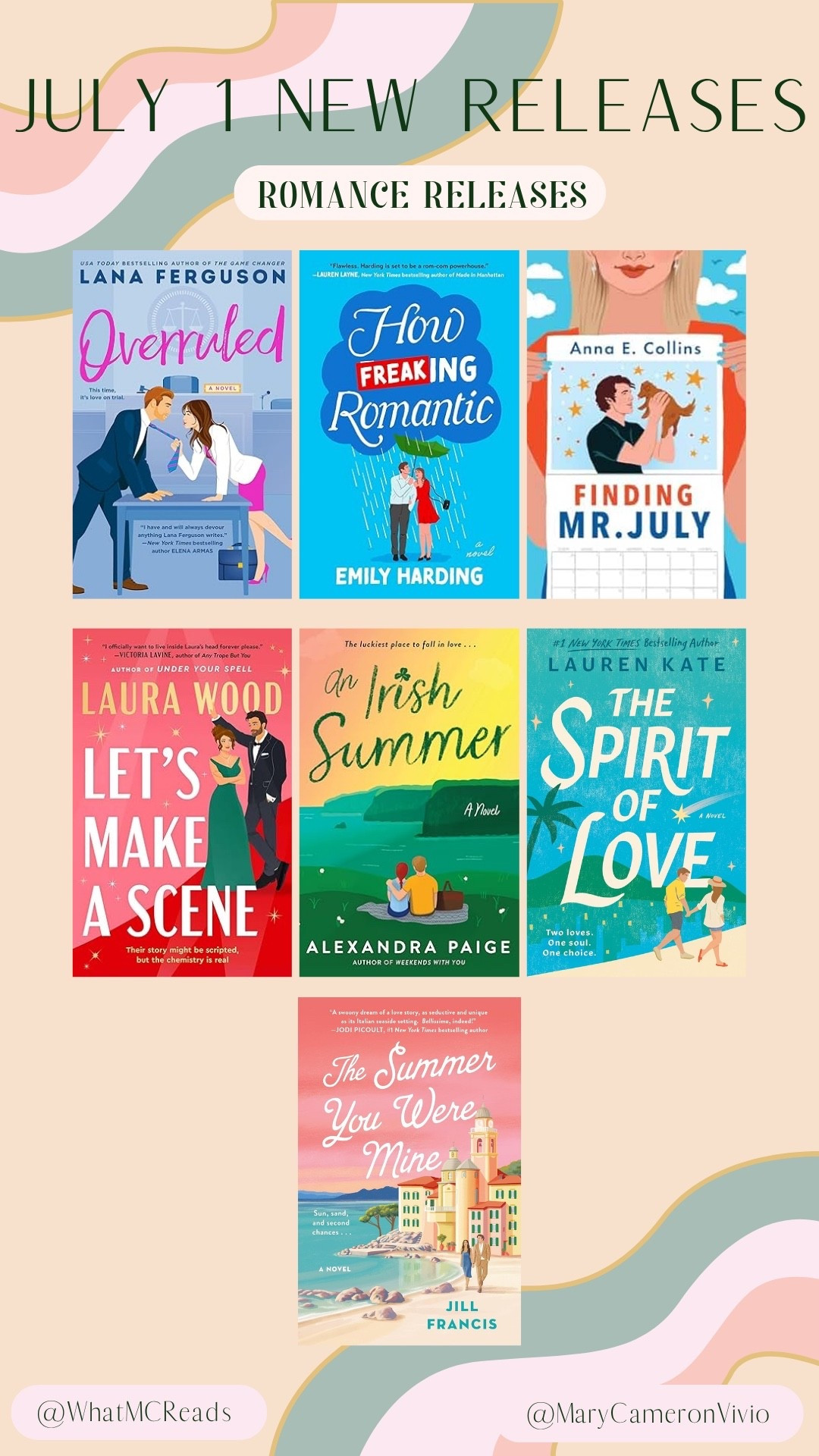 ✨ July 1 Romance Releases are Here! ✨

Ready to fall head over heels for your next summer read? These new romance books are full of swoon-worthy moments, sizzling banter, and second chances. Add them to your TBR now! 📚

🩷 Overruled - Lana Ferguson
🩷 How Freaking Romantic - Emily Harding
🩷 Finding Mr. July - Anna E. Collins
🩷 Let’s Make a Scene - Laura Wood
🩷 An Irish Summer - Alexandra Paige
🩷 The Spirit of Love - Lauren Kate
🩷 The Summer You Were Mine - Jill Francis


#newbookreleases #romancebooks #summerromancereads #tbrlist #romcomreads New Book Releases, Romance Books, Summer Romance Reads, TBR List, Rom COM Reads, Must Read Romance, Book Recommendations, Romance Readers, Romance Book Recs #mustreadromance #bookrecommendations #romancereaders #romancebookrecs

#LTKHome #LTKSaleAlert #LTKFindsUnder50