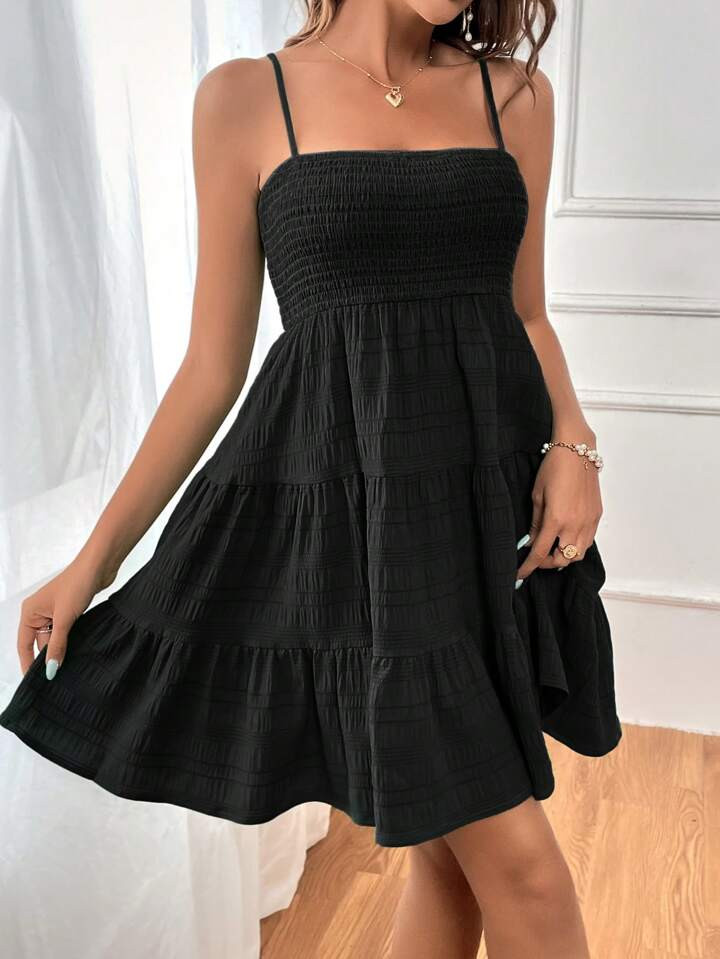 SHEIN WYWH WYWH  Women Vacation Spring Break Solid Layer Hem Cami Black Dress | SHEIN