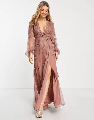 ASOS DESIGN floral embellished wrap maxi dress with blouson sleeve and ribbon waist | ASOS (Global)