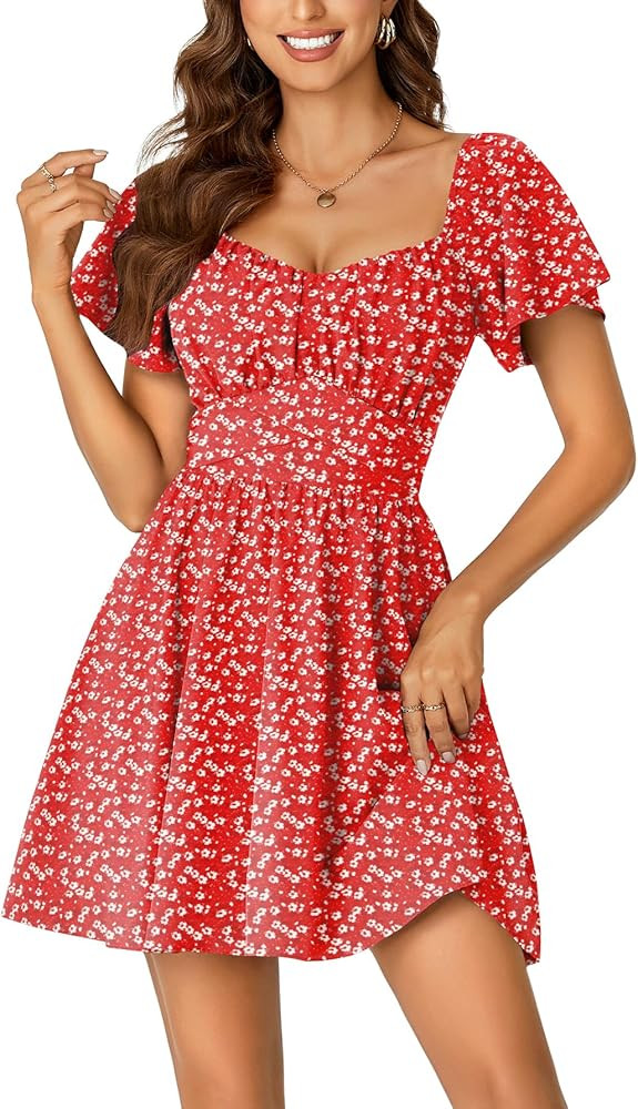 Rooscier Women's Tie Back Square Neck Wrap Ruffle Short Sleeve Flare Mini Dress | Amazon (US)