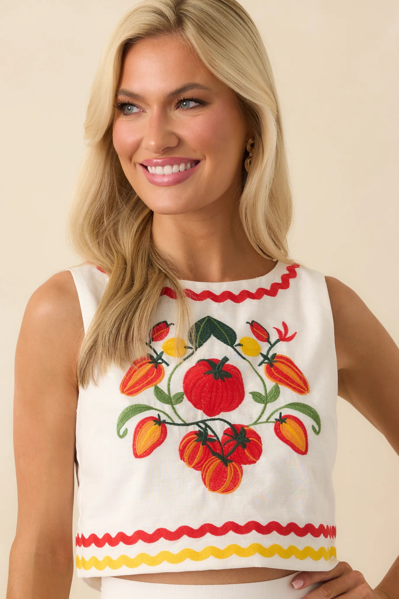 Prosperina Ellie Tomato Embroidered Ivory Cotton Top | Red Dress