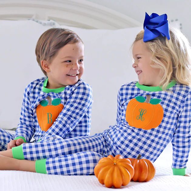 Pumpkin Applique Loungewear Royal Blue Gingham | Classic Whimsy