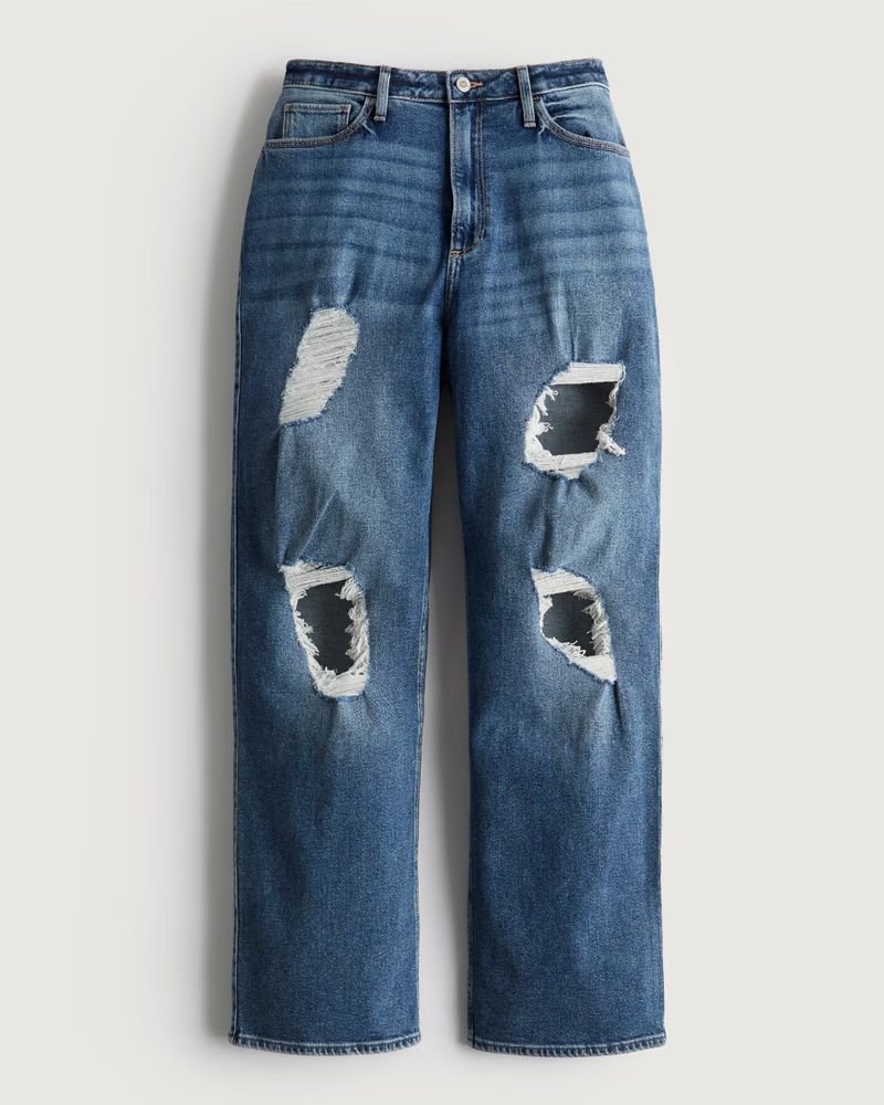 Girls Curvy Ultra High-Rise Dark Wash Ripped Dad Jeans | Girls Bottoms | HollisterCo.com | Hollister (US)