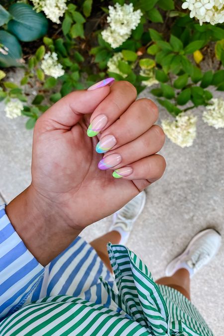 Summer nail art. Striped short set from Amazon. Nike Waffle One with breathable mesh. Ankle Height compression socks! 

#LTKshoecrush #LTKfit #LTKbeauty